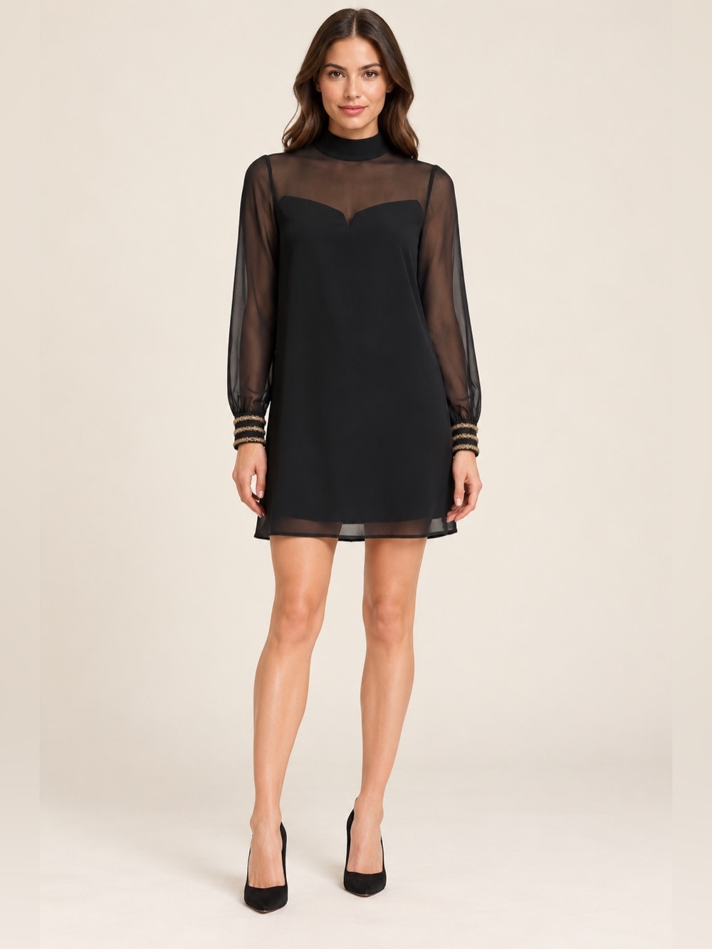 Romeo & Juliet Couture Black Dress M Sheer Long Sleeve Beaded Cuffs Choker Neck